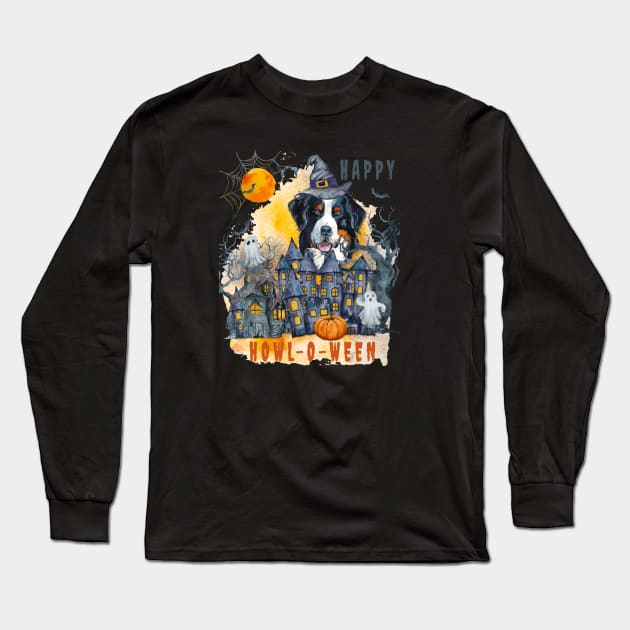 Bernese Mountain Dog Happy Howl-o-ween Ghost Houses Funny Watercolor Long Sleeve T-Shirt by Sniffist Gang